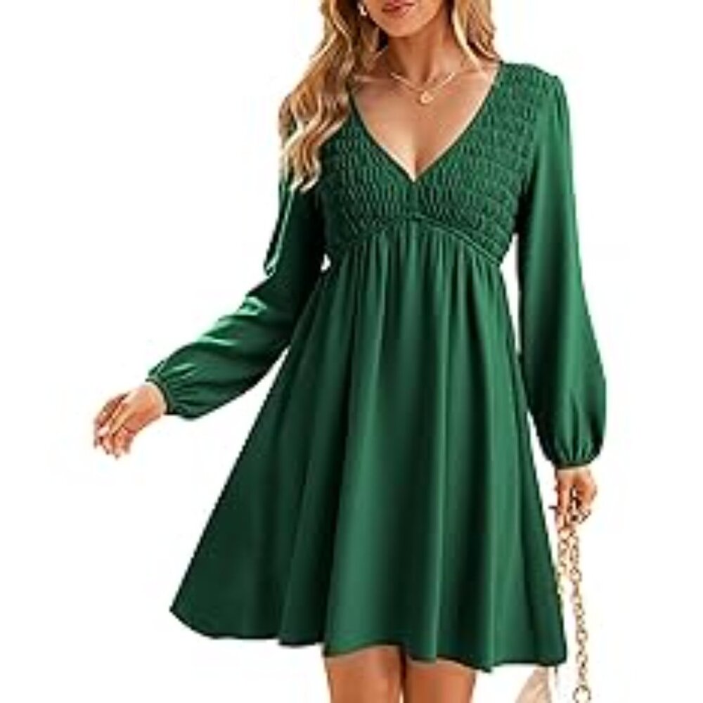 Boho Dress Babydoll Flowy V Neck Swing Dress With Pockets Green Size L